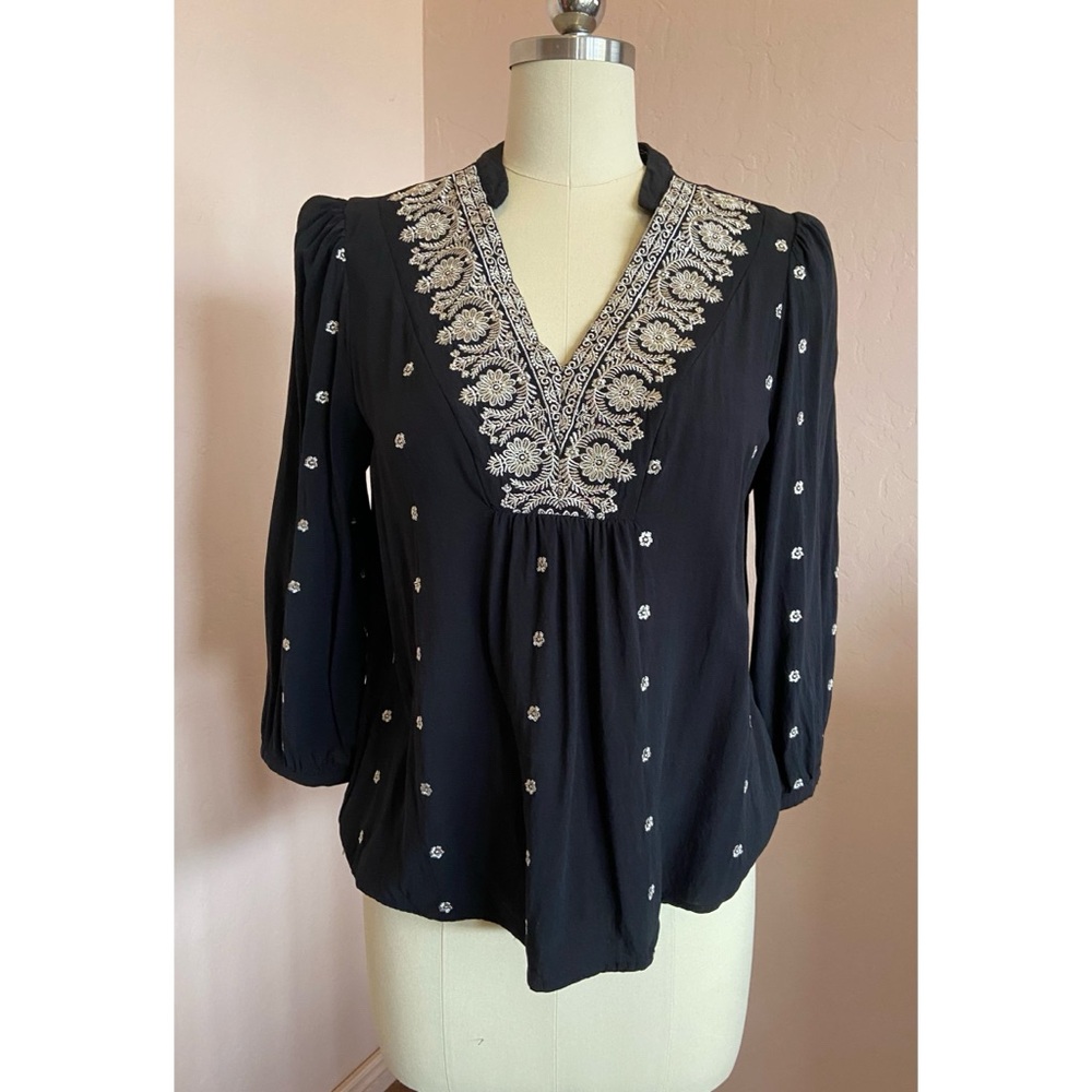 Figueroa & Flower embroidered mandarin collar 3/4 sleeve blouse petite large